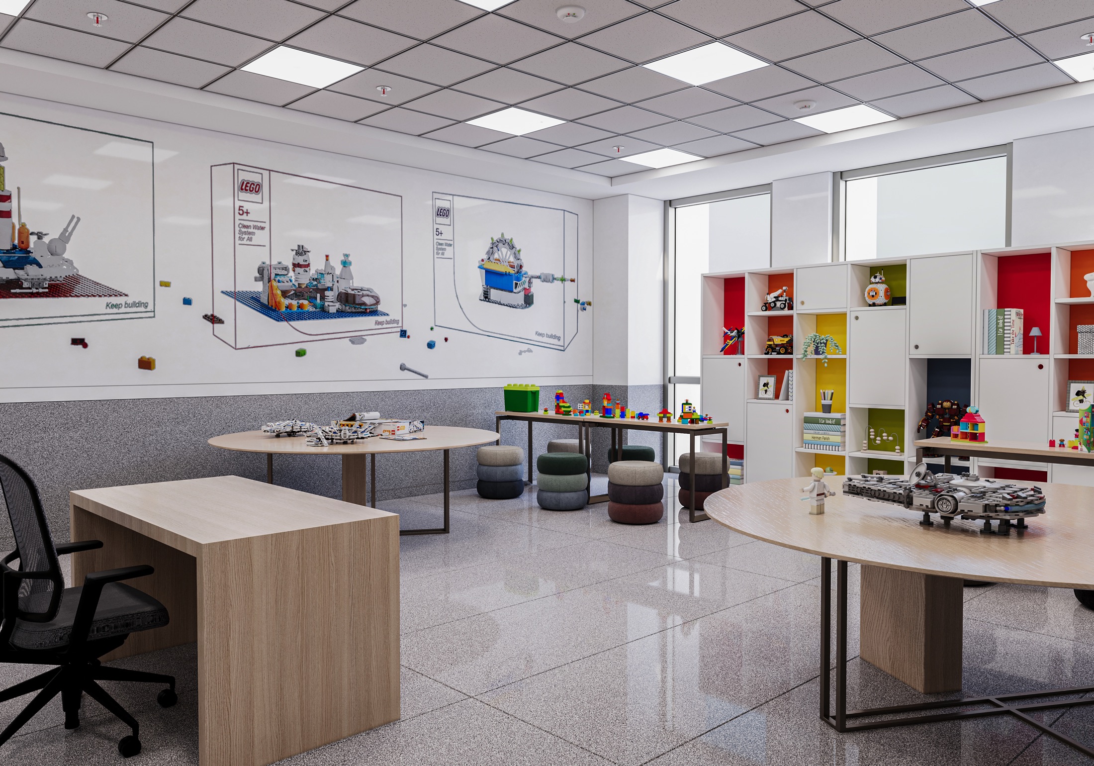 Colourful children's activity room with LEGO wall graphics